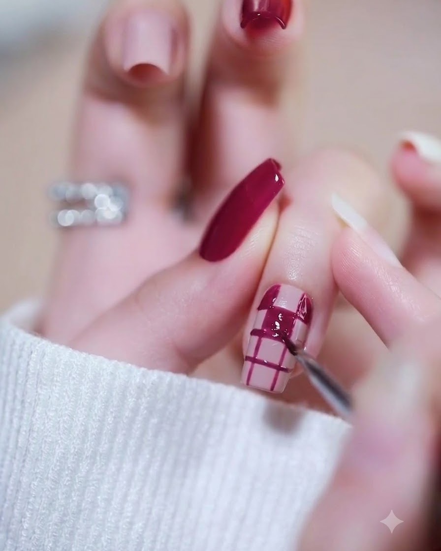 Une main placée sous une lampe à ongle pour durcir la seconde couche de vernis gel magenta.