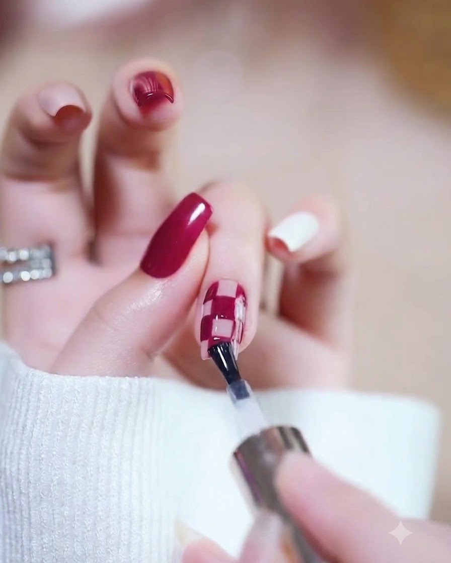 Gros plan sur un pinceau fin traçant des lignes de grille noires nettes sur un ongle.