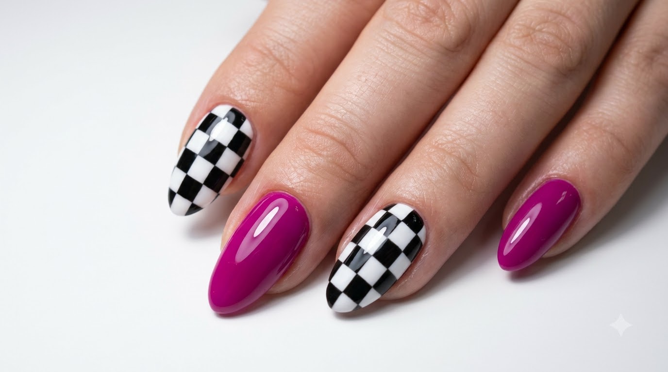 Ongles en gel quadrillés et magenta éclatant — Tutoriel étape par étape