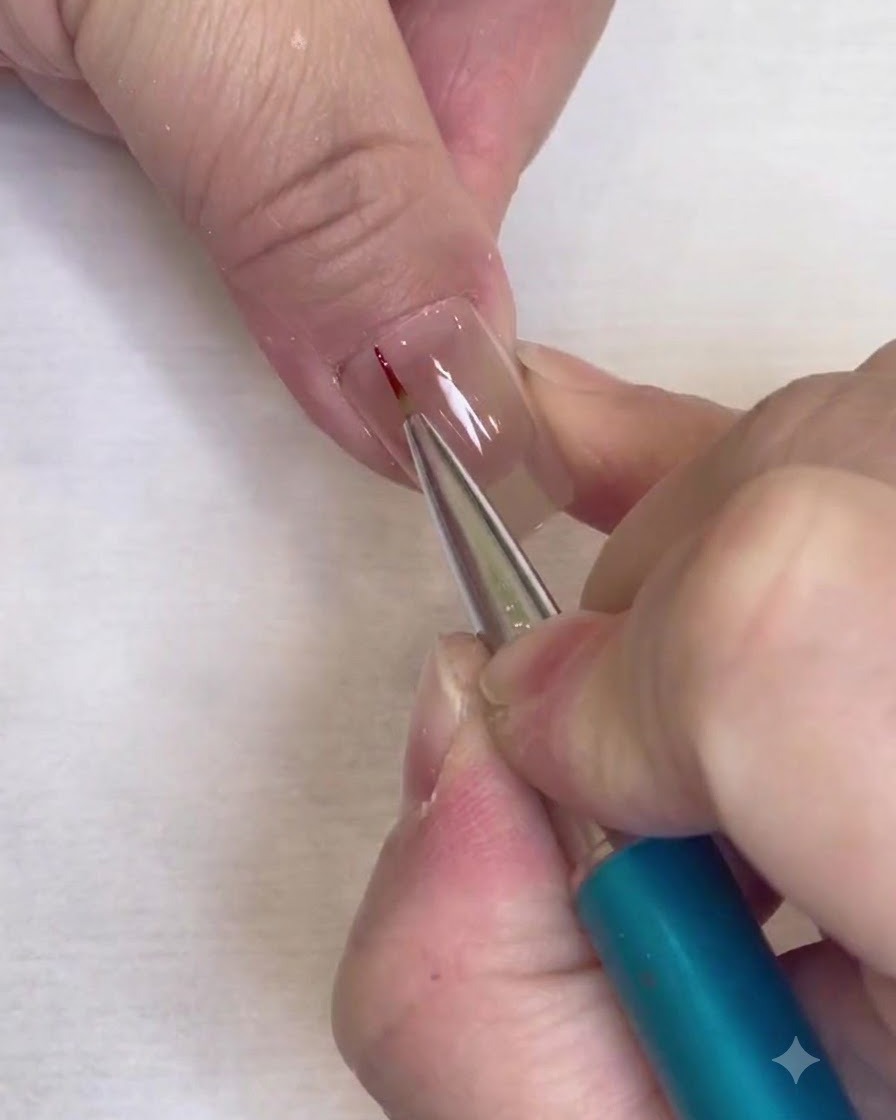 Un pinceau liner fin dessinant une fine ligne verticale rouge au centre dun faux ongle transparent.