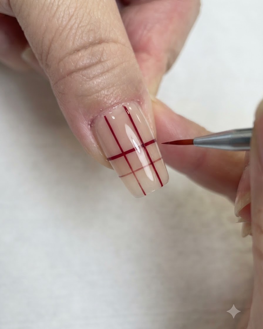 Un pinceau liner fin dessinant des lignes horizontales rouges croisant les lignes verticales pour créer une grille sur un ongle transparent.
