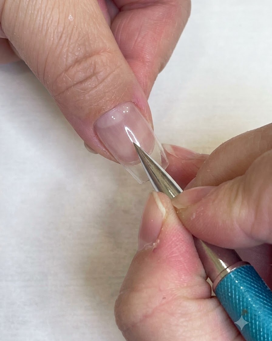 Un pinceau liner fin finalisant le remplissage des carrés alternés pour achever un motif damier rouge sur un ongle transparent.