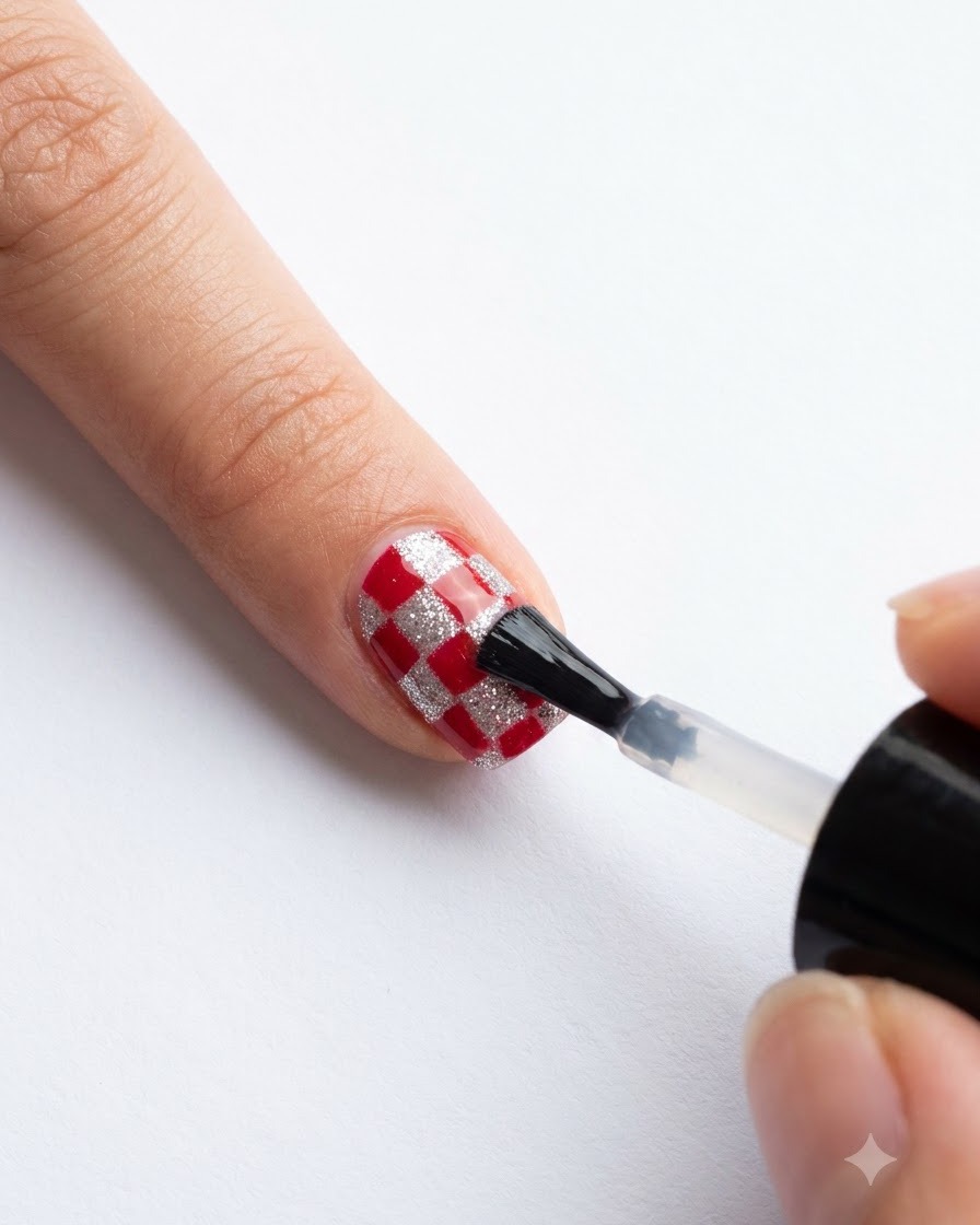 Un pinceau à vernis étalant un top coat brillant transparent sur un design dongles damier rouge et argenté achevé.