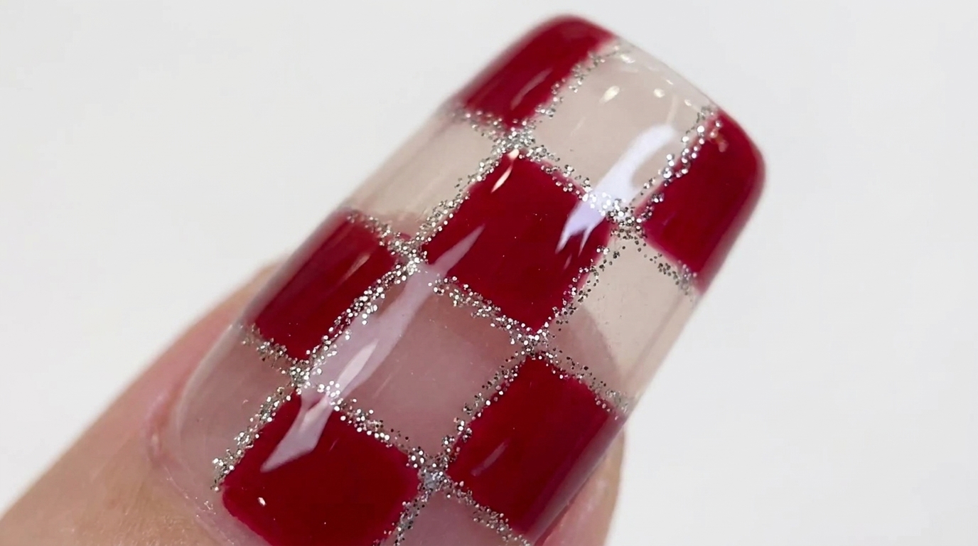 Ongles Damier Rouge et Transparent avec Paillettes Argentées — Tutoriel Étape par Étape
