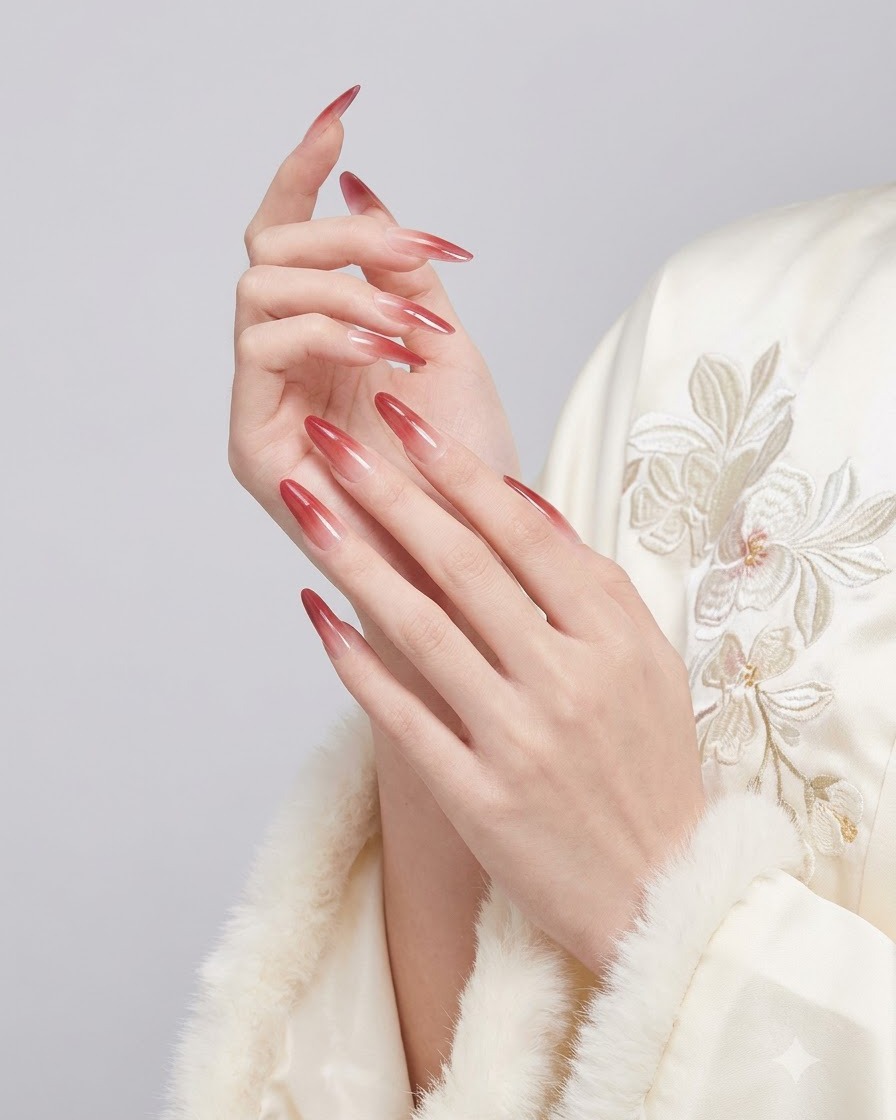 Mains doucement entrelacées pour mettre en valeur la haute brillance et le fondu homogène des ongles dégradés rouges.