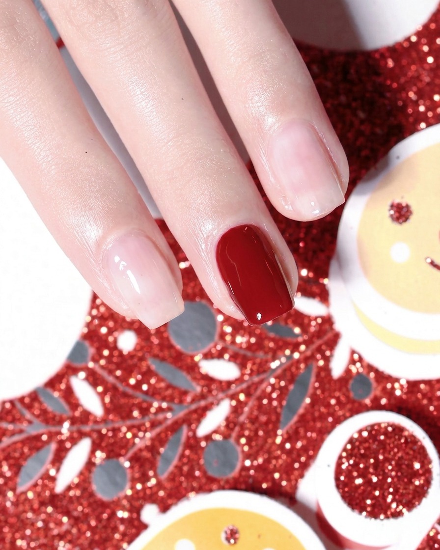 Gros plan de doigts montrant une première couche lisse de vernis gel rouge feu appliquée sur le majeur.