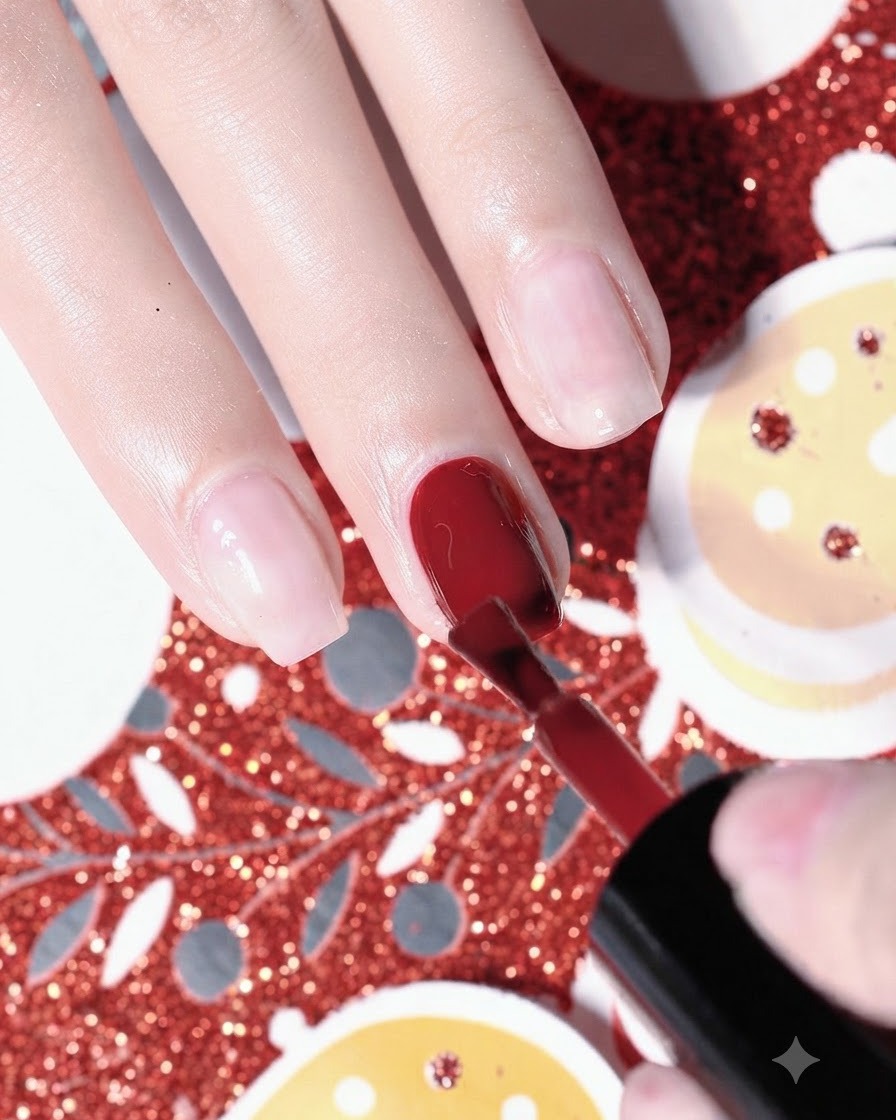 Un pinceau appliquant une deuxième couche de vernis gel rouge feu brillant sur le majeur.
