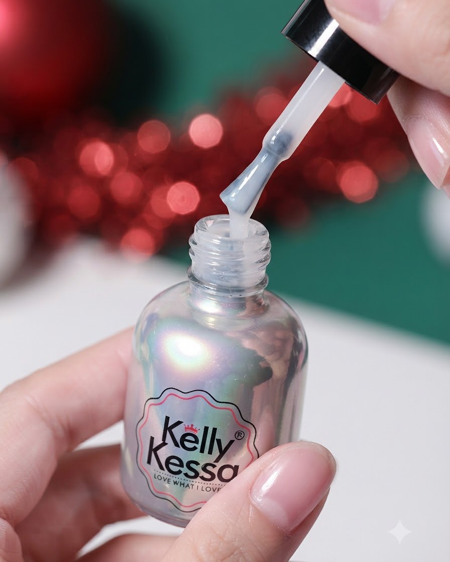 Une main tenant un flacon de vernis holographique Kelly Kessa avec le pinceau soulevé, laissant couler du gel.