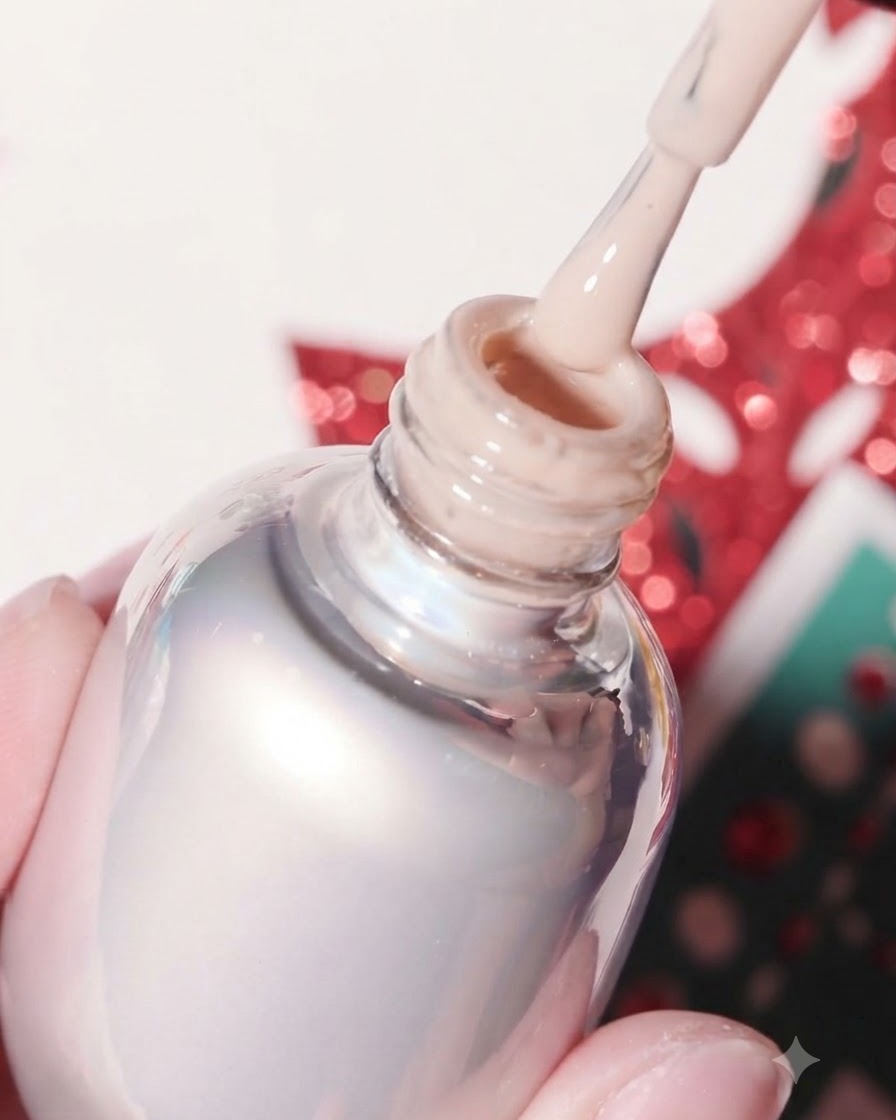 Un pinceau sortant dun flacon de vernis gel Kelly Kessa contenant une teinte nude chaude rappelant la peau.