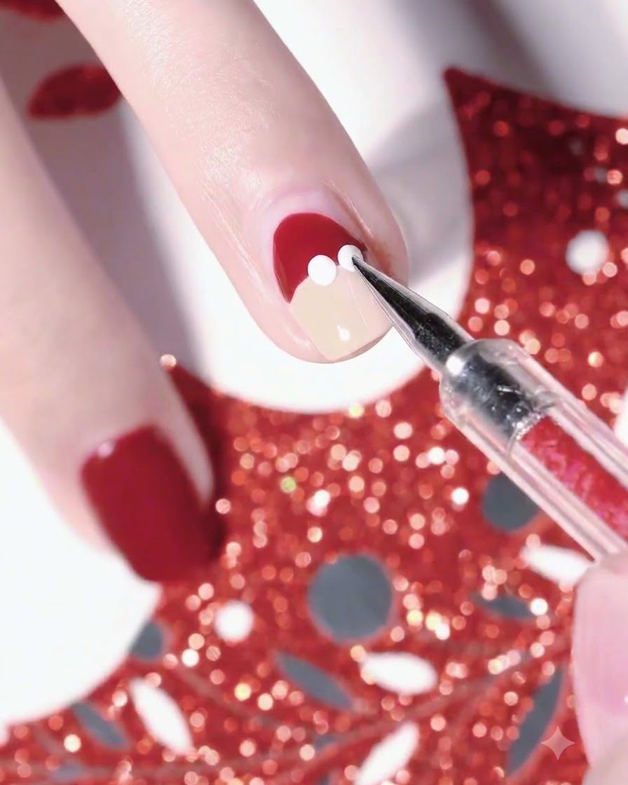 Vue rapprochée dun dotting tool appliquant des points de gel blanc pour former la bordure dun bonnet de Père Noël sur un ongle.