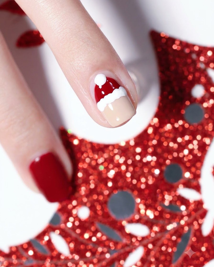 Gros plan montrant un bonnet de Père Noël catalysé et de nouveaux détails de barbe blanche dessinés sur un ongle.