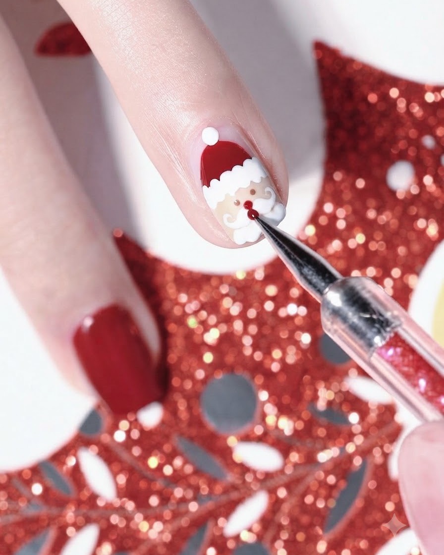 Gros plan dun outil ajoutant de minuscules points rouges pour le nez et les traits du visage du Père Noël sur le nail art.