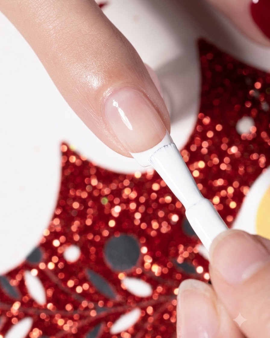 Un pinceau appliquant du vernis gel blanc pour former une demi-lune irrégulière sur un ongle.