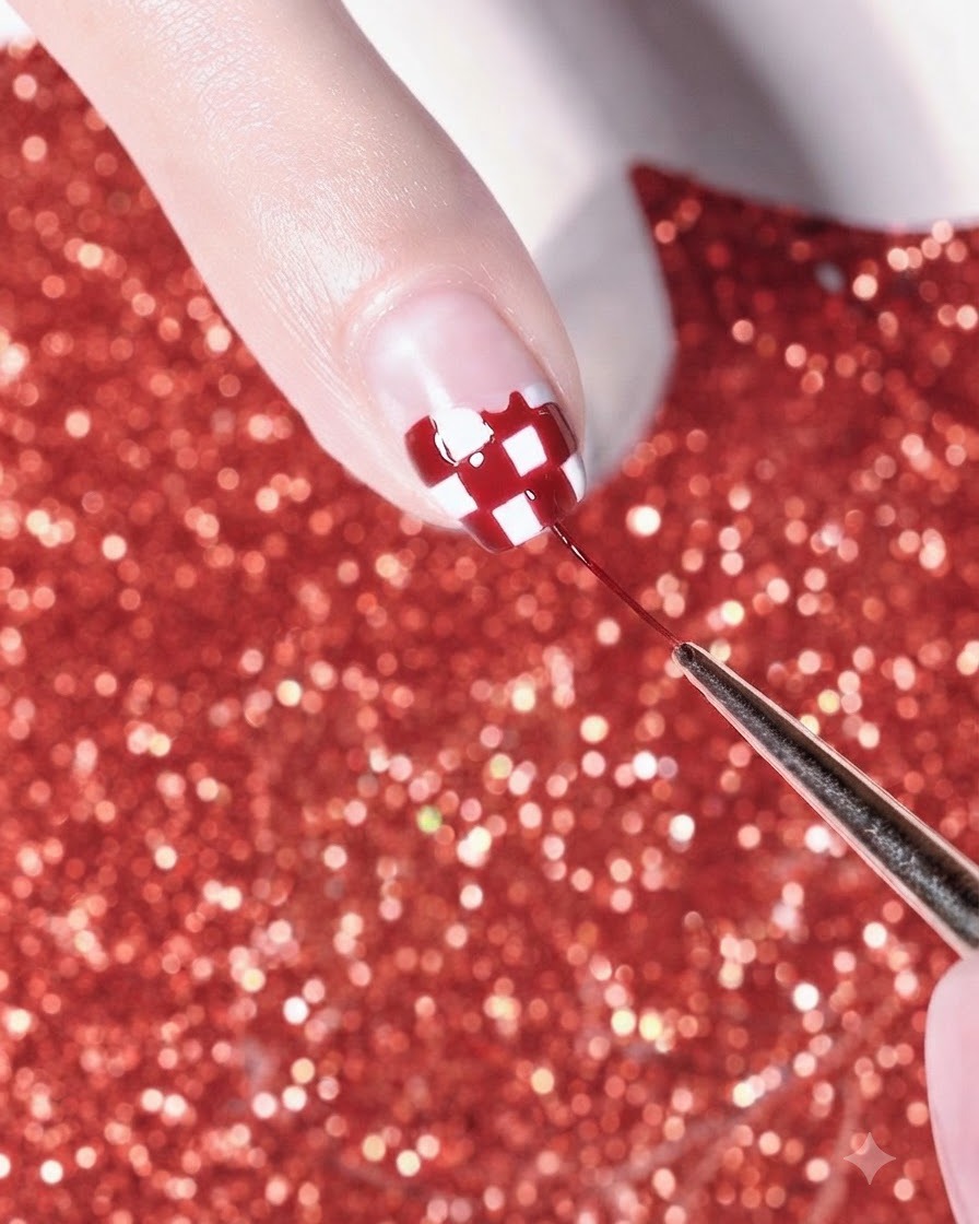 Un pinceau fin ajoutant des lignes blanches détaillées à un motif écossais rouge et blanc sur un ongle.