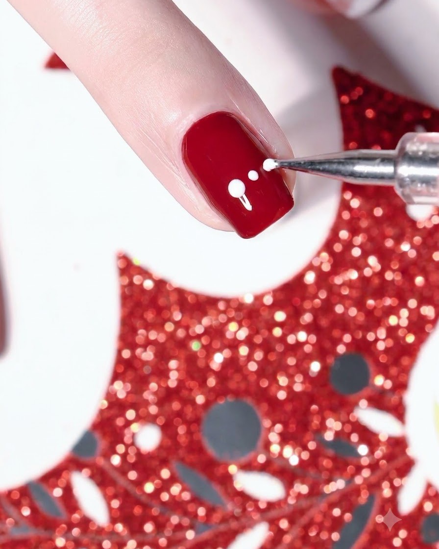 Un pinceau de détail appliquant un motif de cœur blanc scintillant sur le côté dun ongle vernis en rouge.