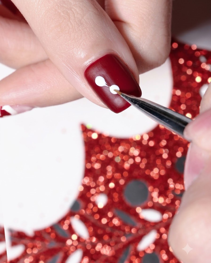 Un pinceau de détail créant un petit cœur blanc sur le côté dun ongle vernis en rouge.