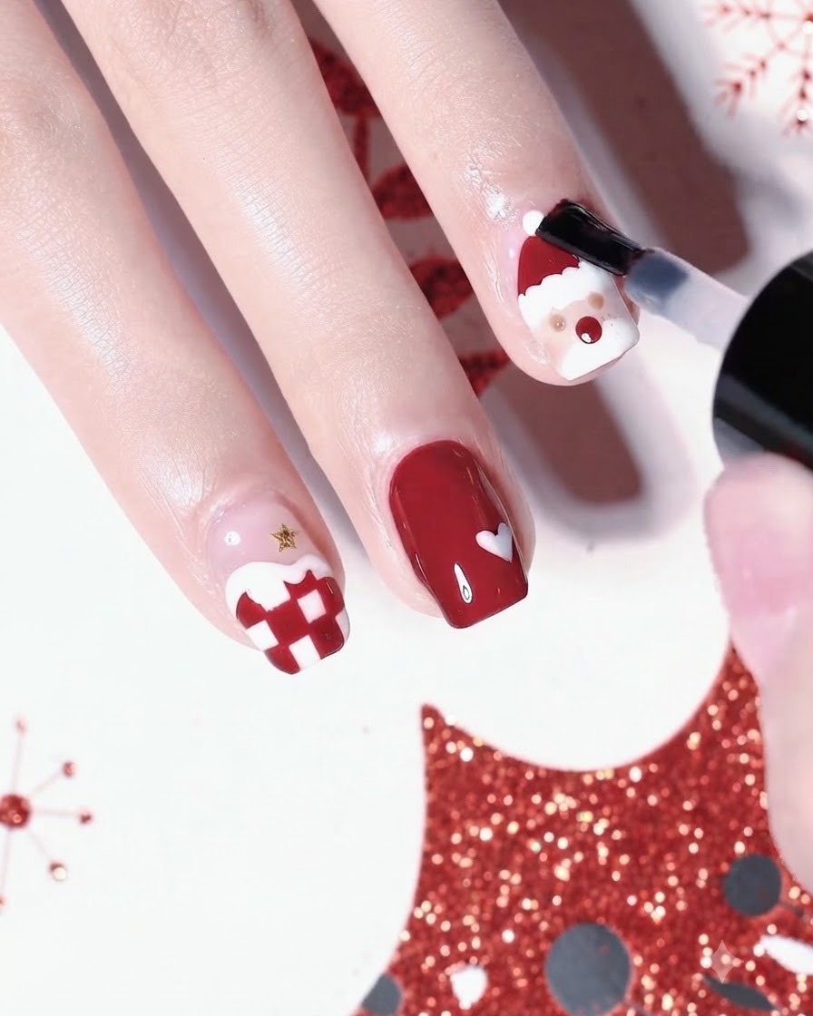 Un pinceau appliquant un top coat transparent sur des nail arts de Noël terminés sur plusieurs doigts.