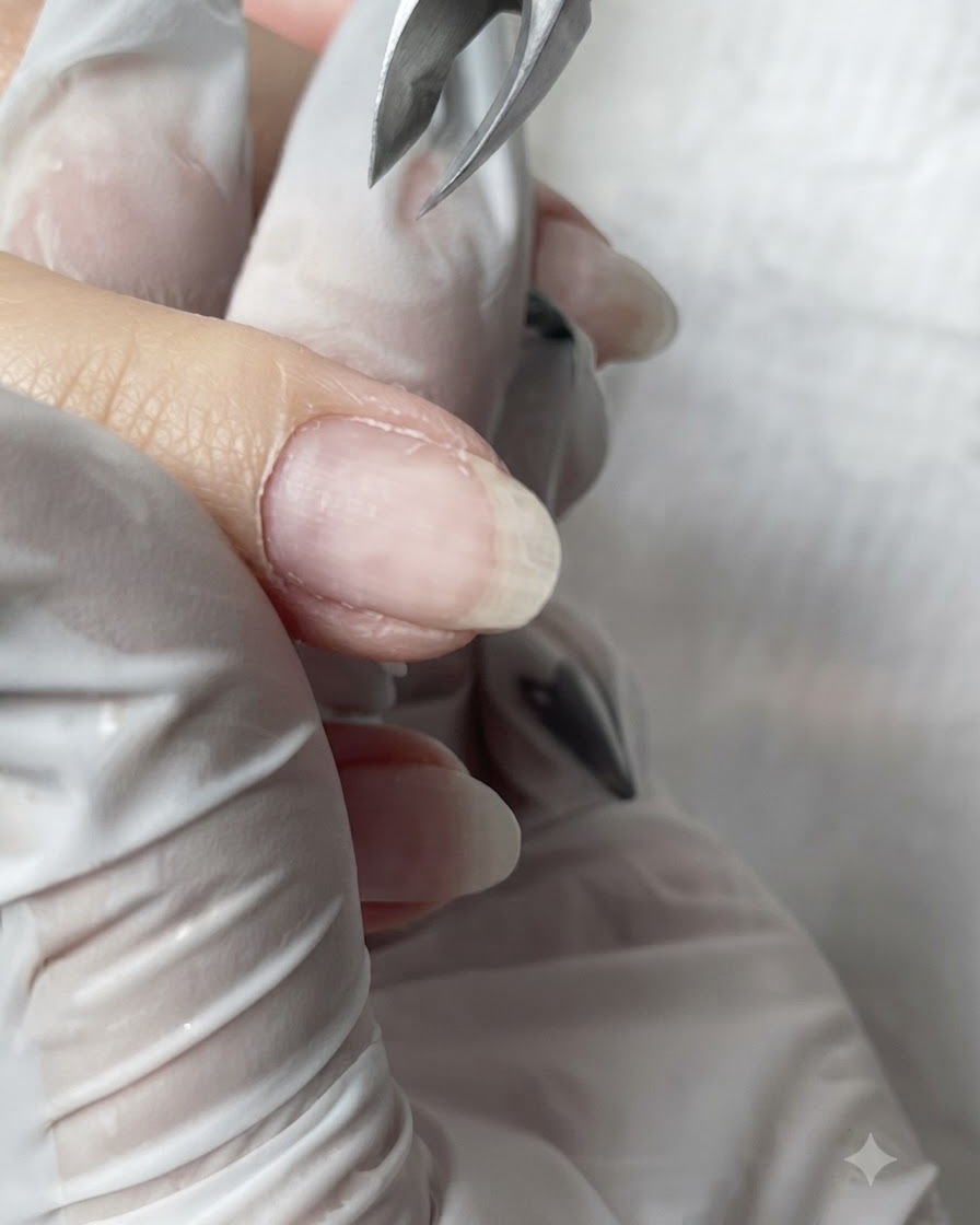 Une paire de pinces à cuticules métalliques coupant lexcédent de peau morte autour du repli unguéal.