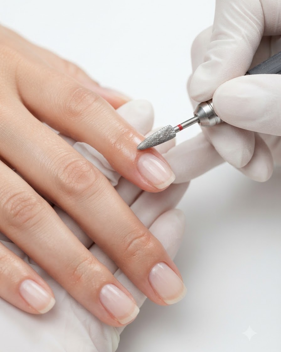 Vue rapprochée dun embout de ponçage à grain fin affinant légèrement la surface dun ongle manucuré.