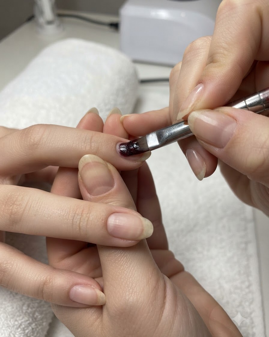 Gros plan dun pinceau appliquant du gel de base sur un ongle à laide dune technique de balayage.
