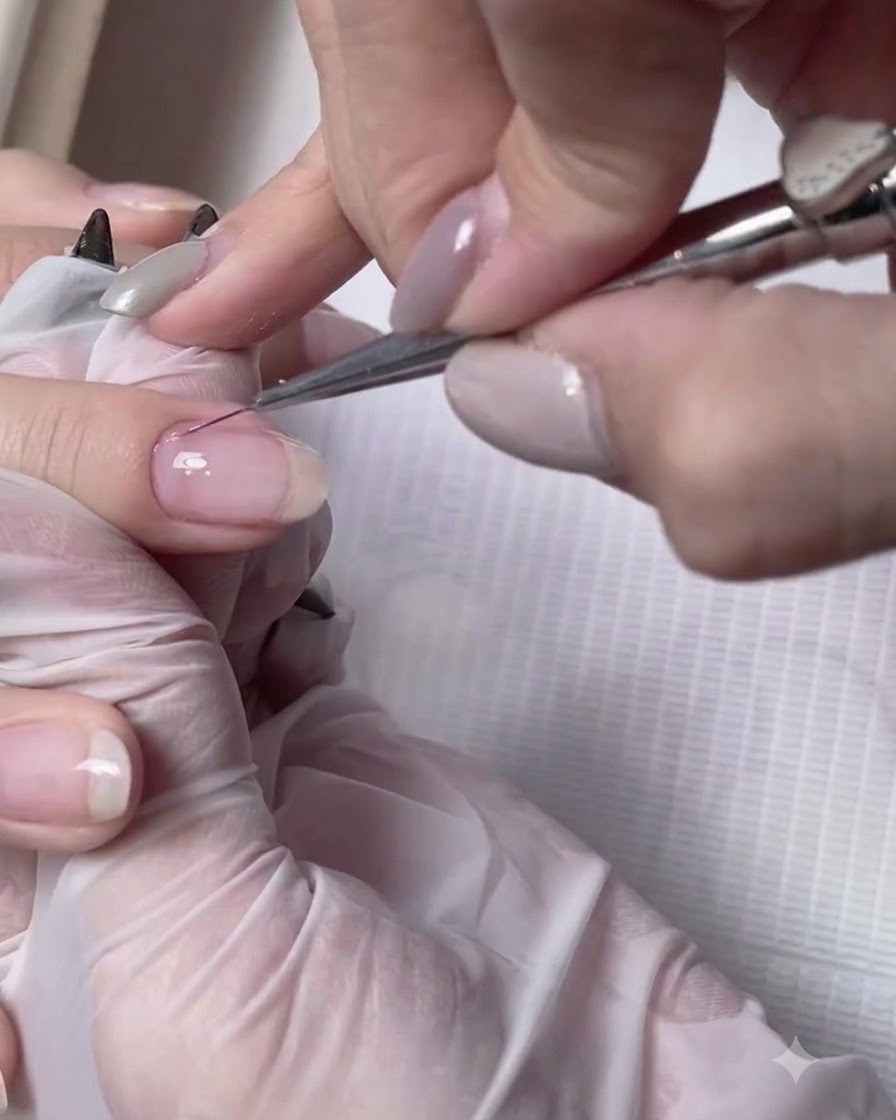 Un pinceau fin appliquant du gel de construction transparent sur un ongle naturel plus long.