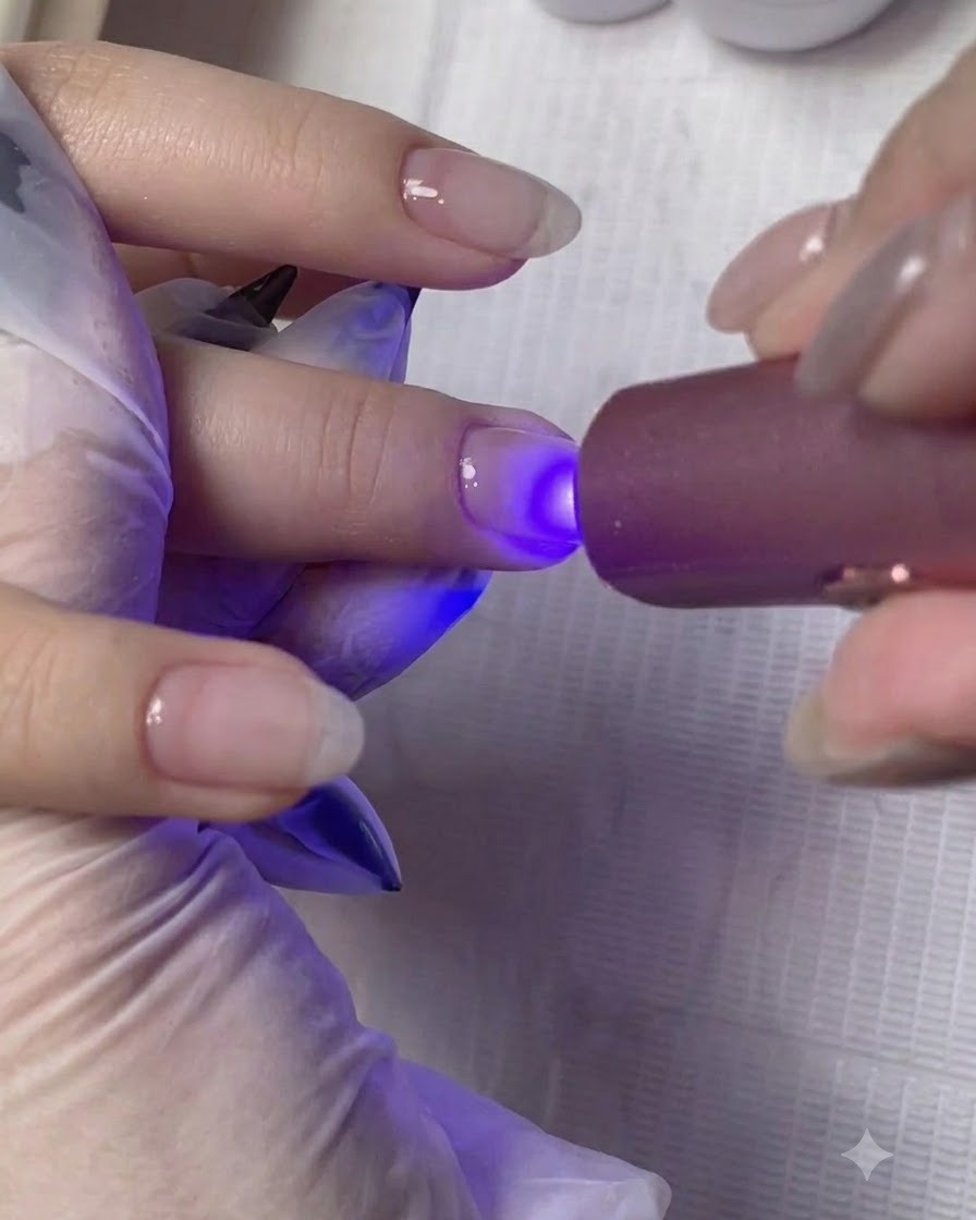 Une lampe UV/LED portable catalysant la couche de gel de construction sur longle.