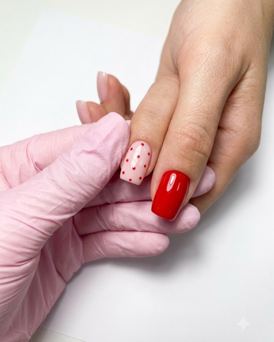 La main dune prothésiste tenant un flacon de vernis gel rouge-magenta brillant tout en peignant un ongle.