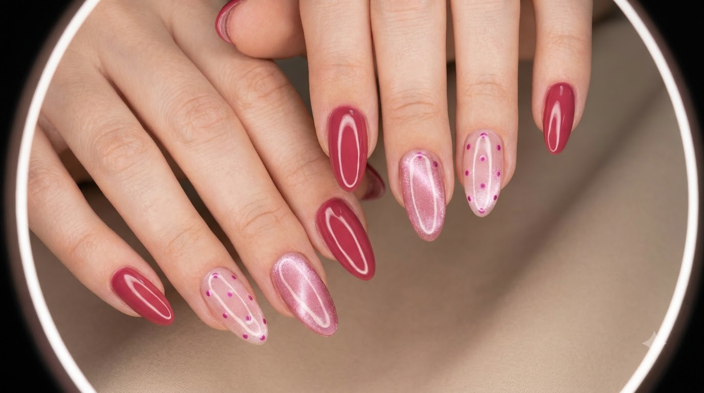 Manucure Rose Rouge à Pois et Effet Œil de Chat — Tutoriel Pas à Pas