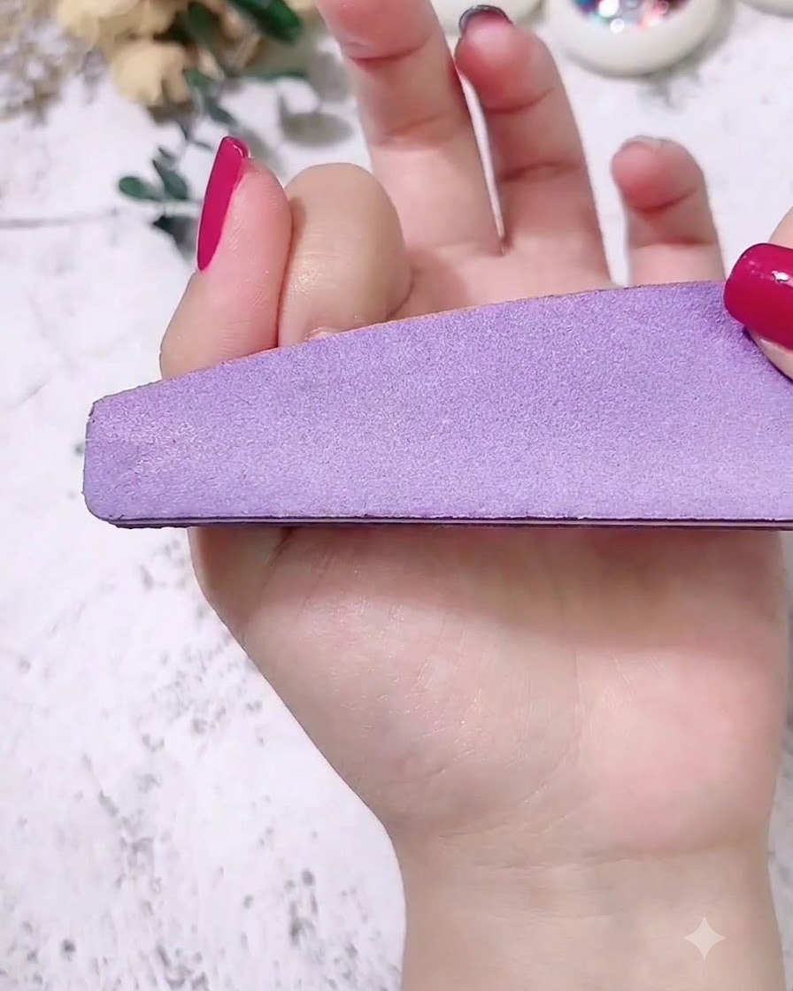 Un bloc polisseur violet lissant et nivelant la surface dun ongle manucuré.