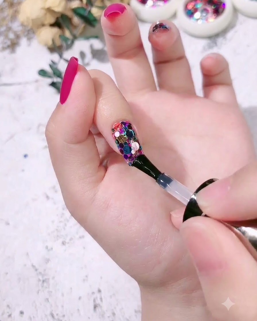 Un pinceau appliquant un top coat brillant sur un index décoré de sequins.