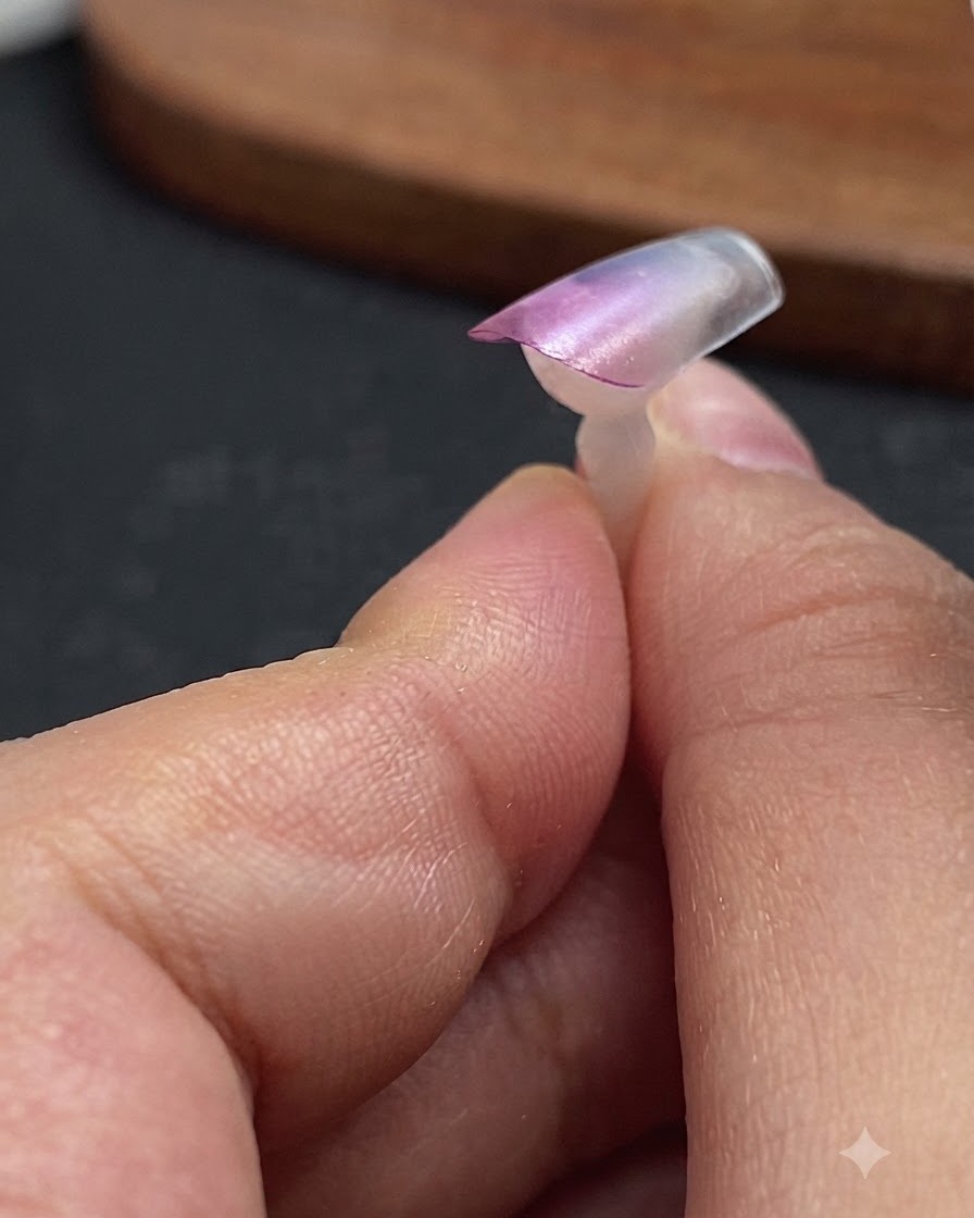 Capsule dongle transparente montrant un dégradé rose rouge avec du gel verre bleu foncé appliqué sur les côtés de la capsule.