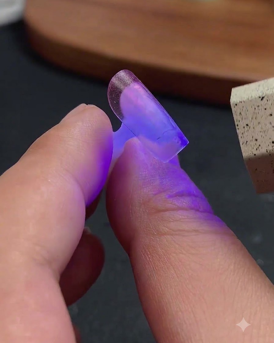 Mini lampe torche UV/LED projetant une lumière violette sur une capsule dongle transparente tenue entre les doigts.