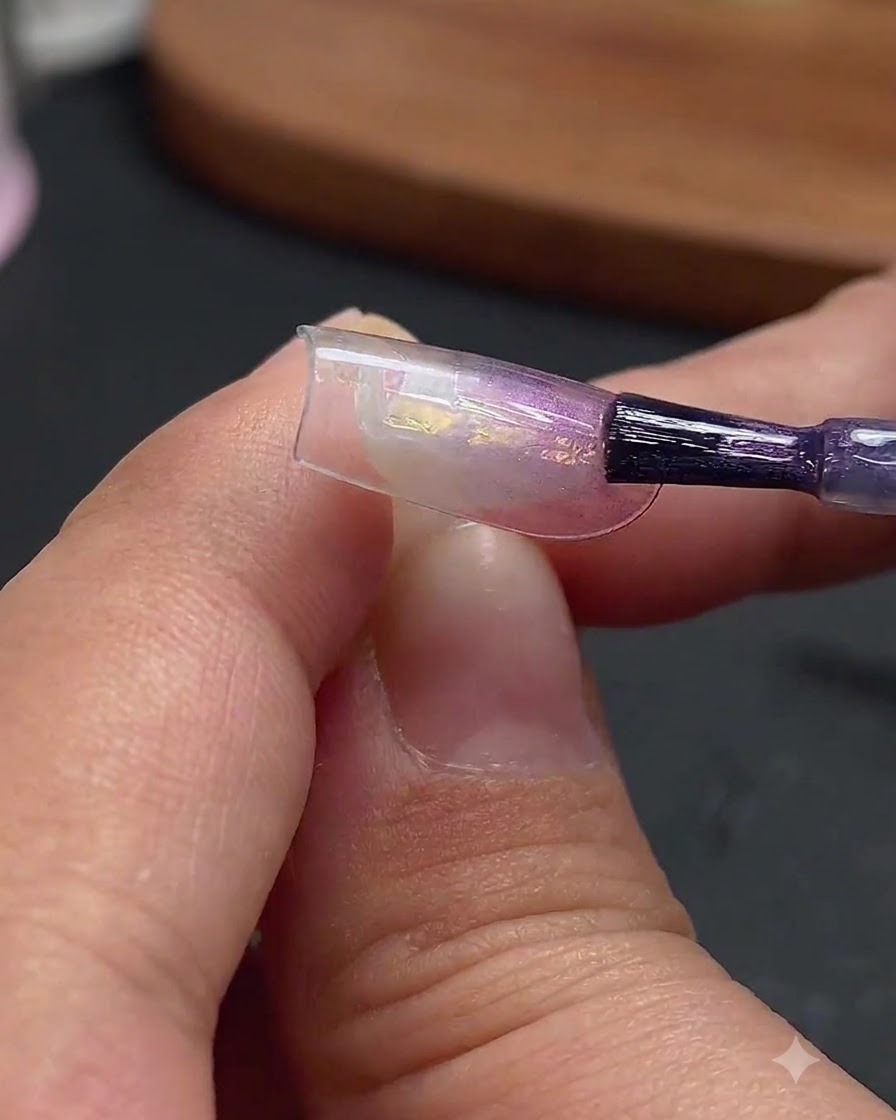 Pinceau à ongles appliquant du gel cat-eye incolore à lumière bleue sur la partie médiane de la capsule dongle décorée.