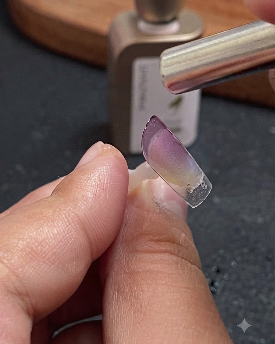 Outil aimanté tenu au-dessus dune capsule dongle pour concentrer les particules de gel cat-eye en une bande centrale.
