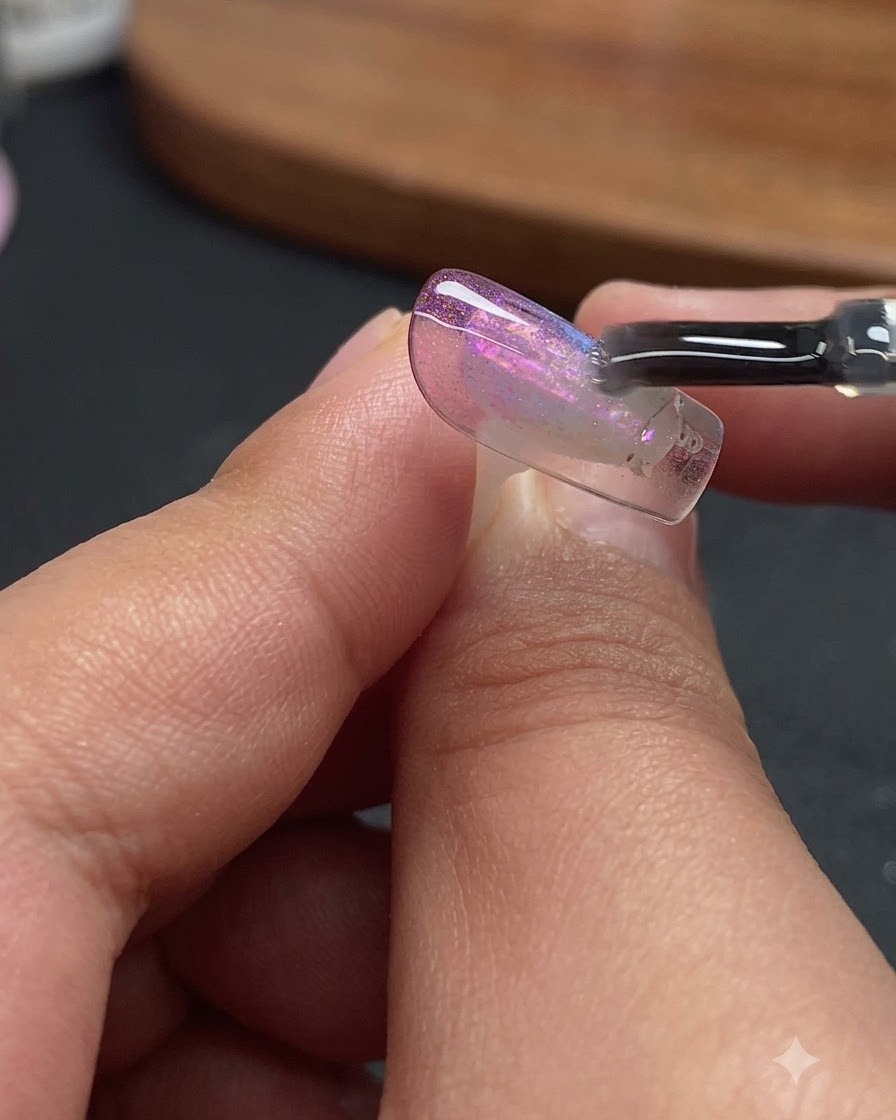 Pinceau à ongles appliquant un top coat transparent sur le design détaillé dongle aurore et cat-eye.