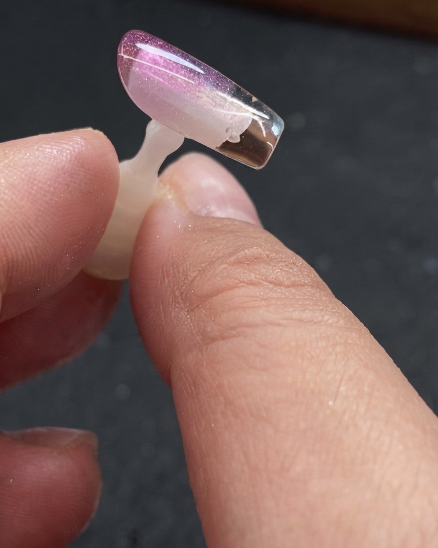 Gros plan dune capsule dongle transparente enduite de top coat sur sa face arrière.
