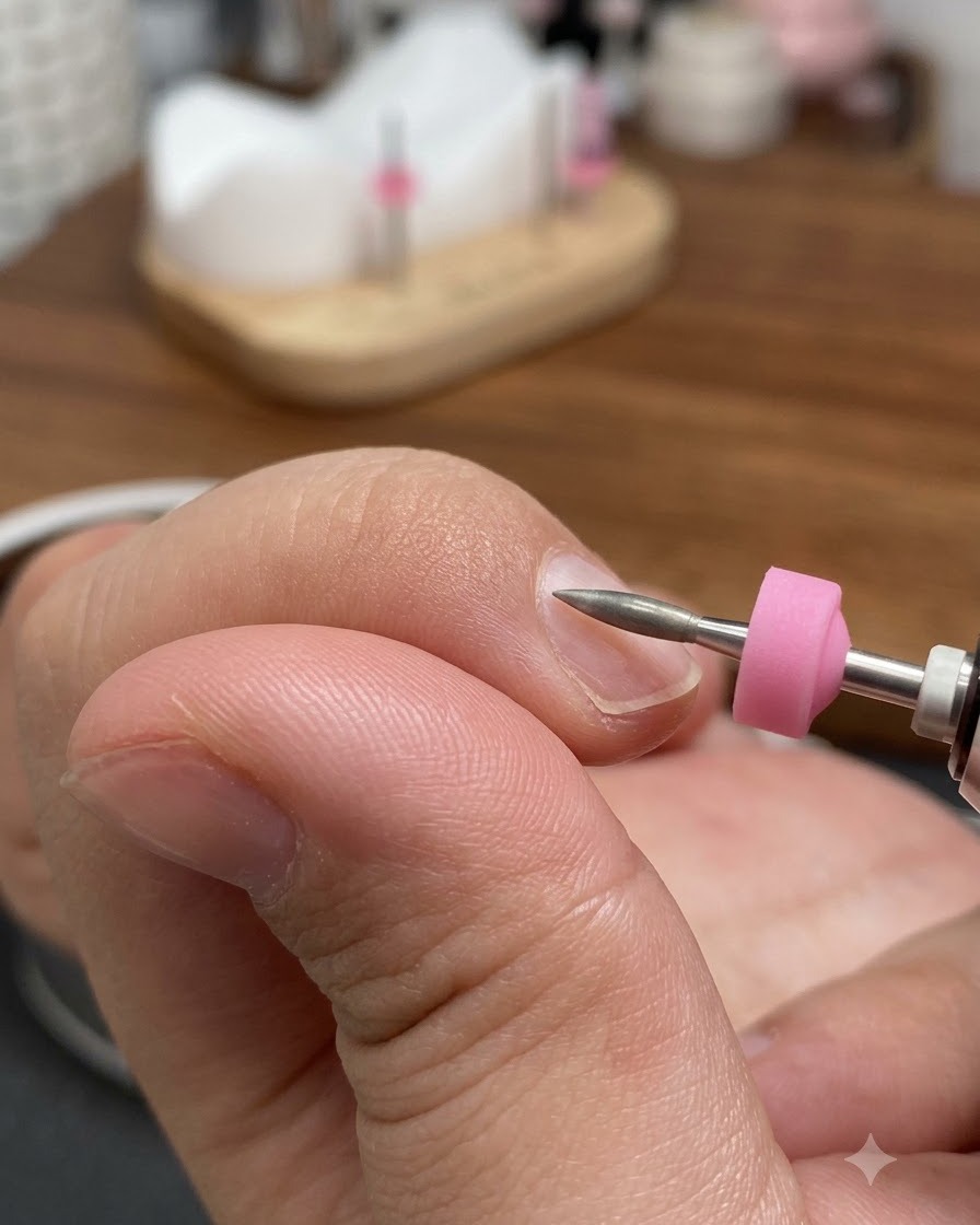 Ponceuse à ongles électrique munie dune fraise conique travaillant de près près de la zone des cuticules dun doigt naturel.