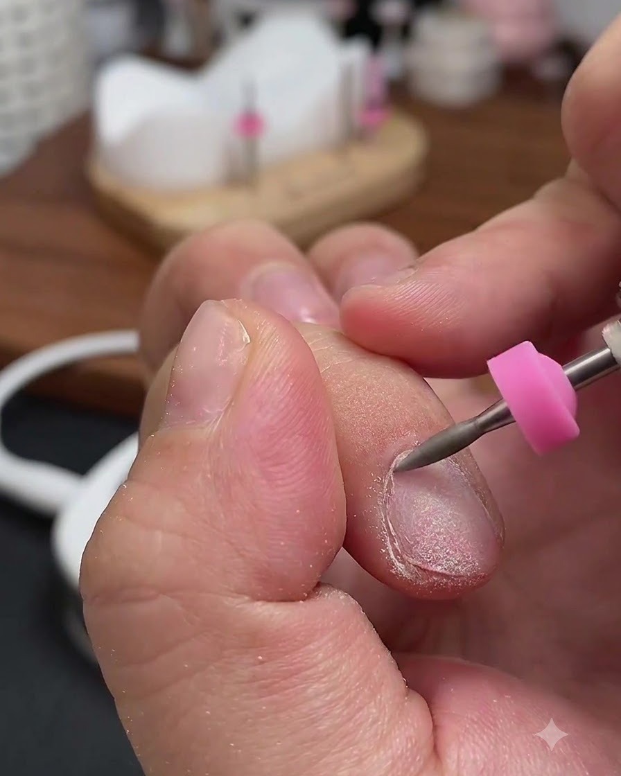Ponceuse à ongles électrique avec une fraise conique positionnée le long du côté droit de la poche de cuticule sur un doigt.
