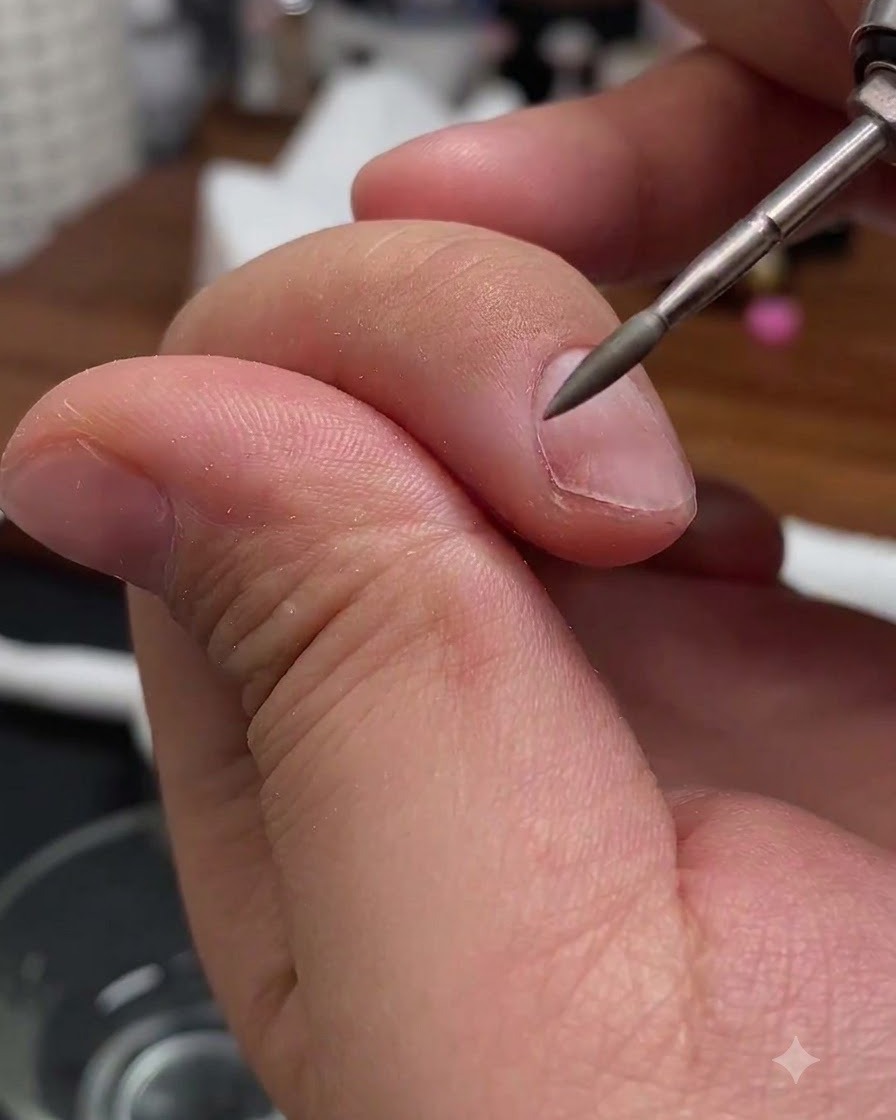 Fraise de ponceuse électrique effectuant un raffinement par meulage à leau près de la zone des cuticules dun ongle.