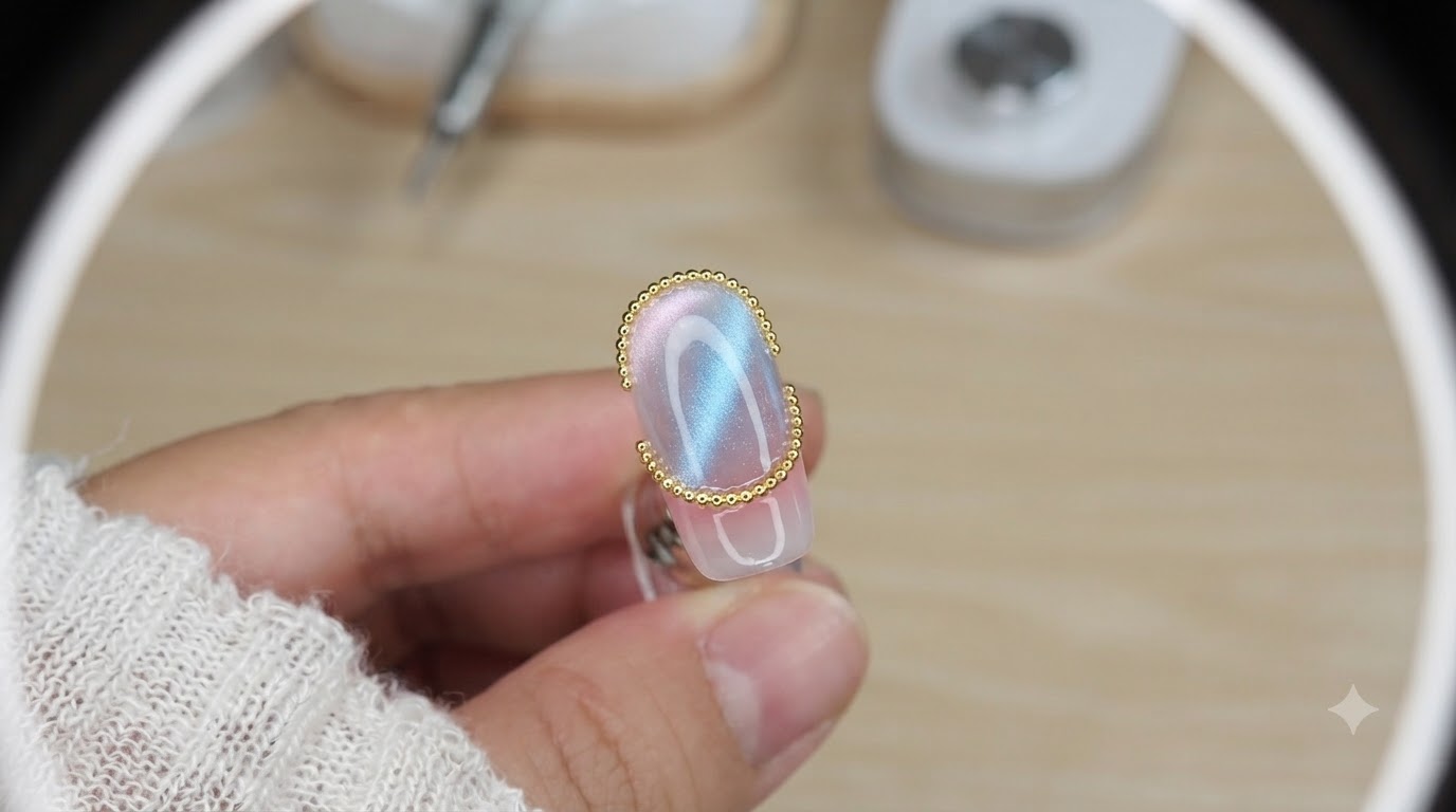 Ongles en gel effet aurore et cat-eye avec accents dorés — Tutoriel pas à pas