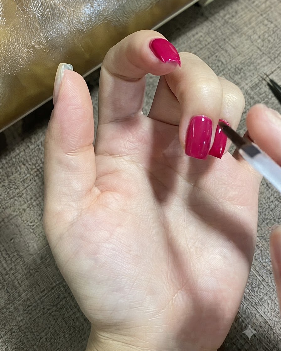 Un pinceau à ongles appliquant soigneusement un top coat mat sur la surface dun ongle manucuré.