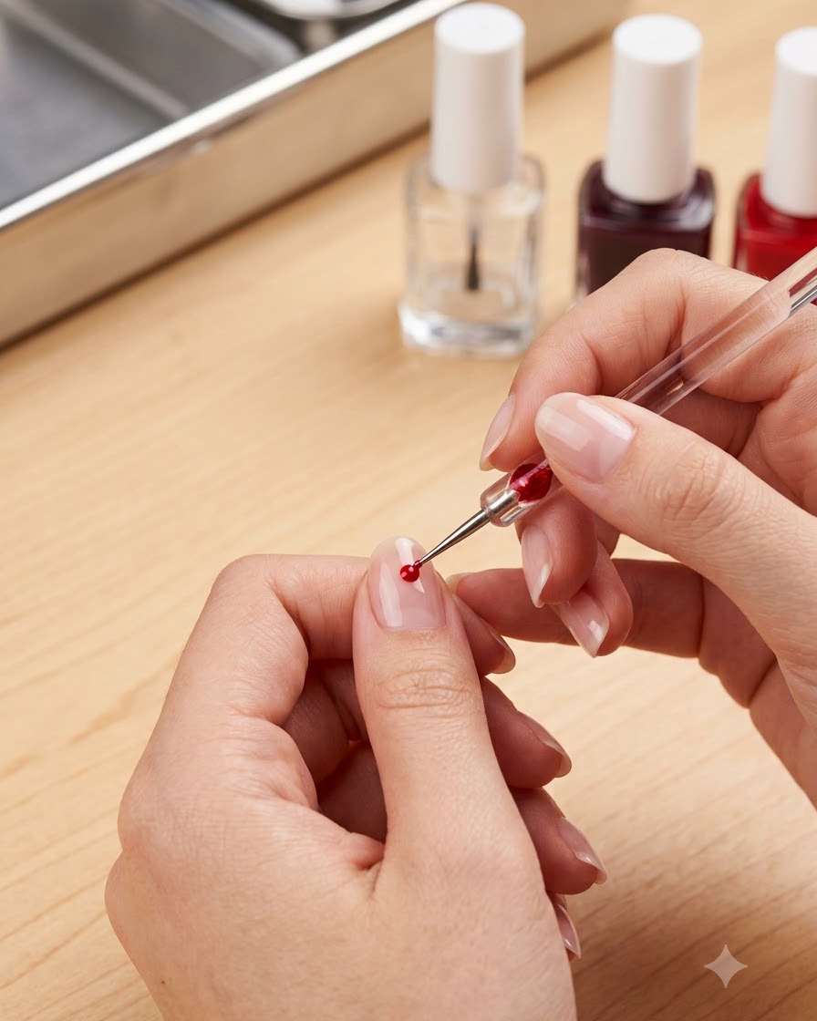 Gros plan de mains utilisant un outil de détail fin pour tapoter et lisser doucement une goutte de vernis gel rouge près de la cuticule dun ongle naturel.