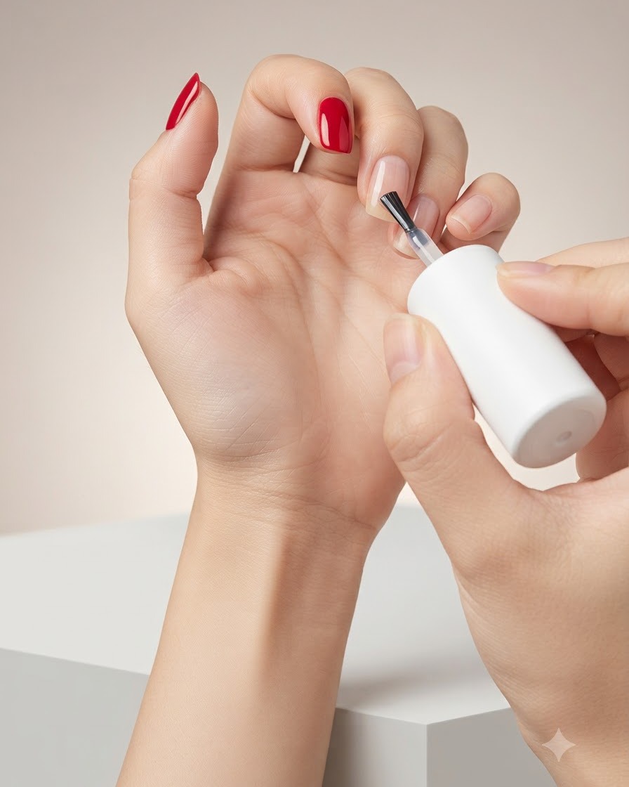 Un pinceau appliquant le vernis gel scintillant Magic Cat Eye sur longle du majeur.