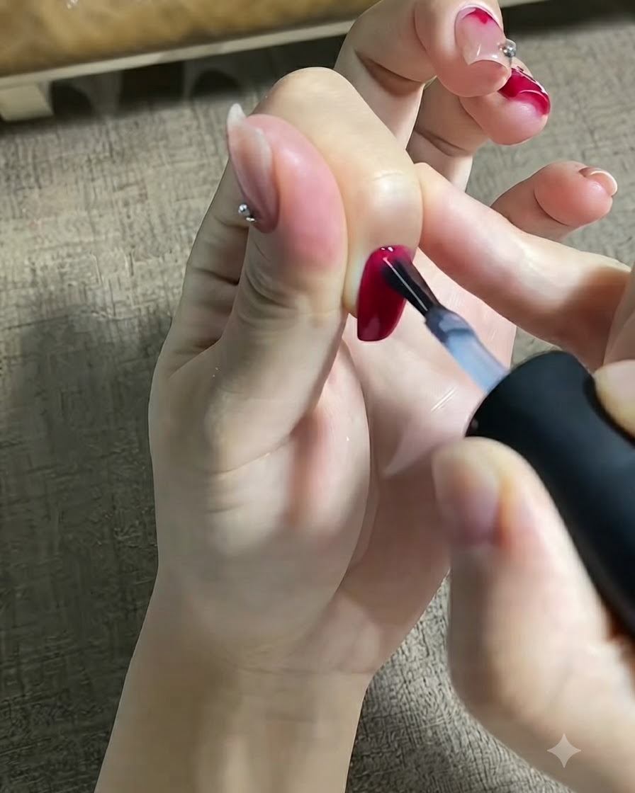 Un pinceau appliquant un top coat transparent brillant sur un ongle coloré fini.