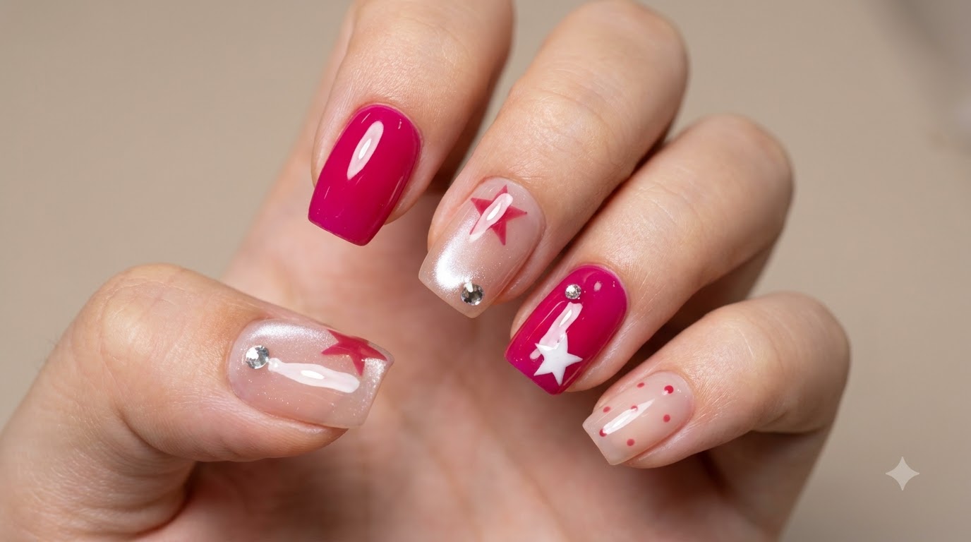 Manucure Magenta Étoiles et Pois — Tutoriel Gel Étape par Étape
