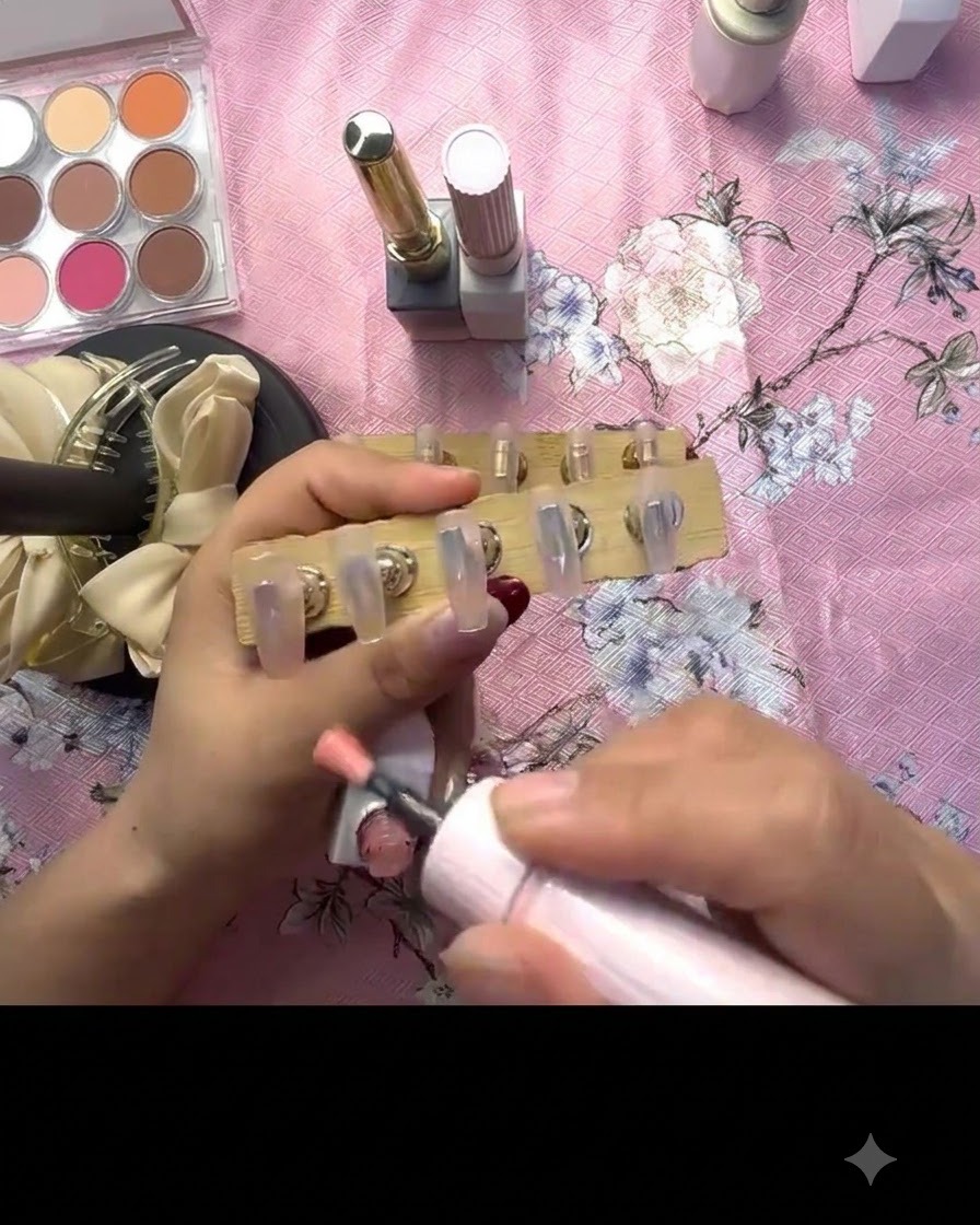 Un pinceau appliquant du gel rose translucide sur un ongle press-on fixé sur un support en bois.
