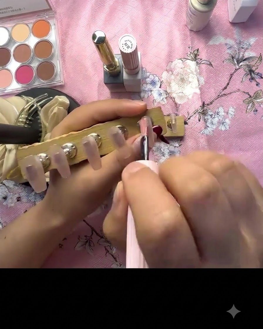 Une mini lampe UV portable catalysant des ongles press-on fixés sur un support en bois.