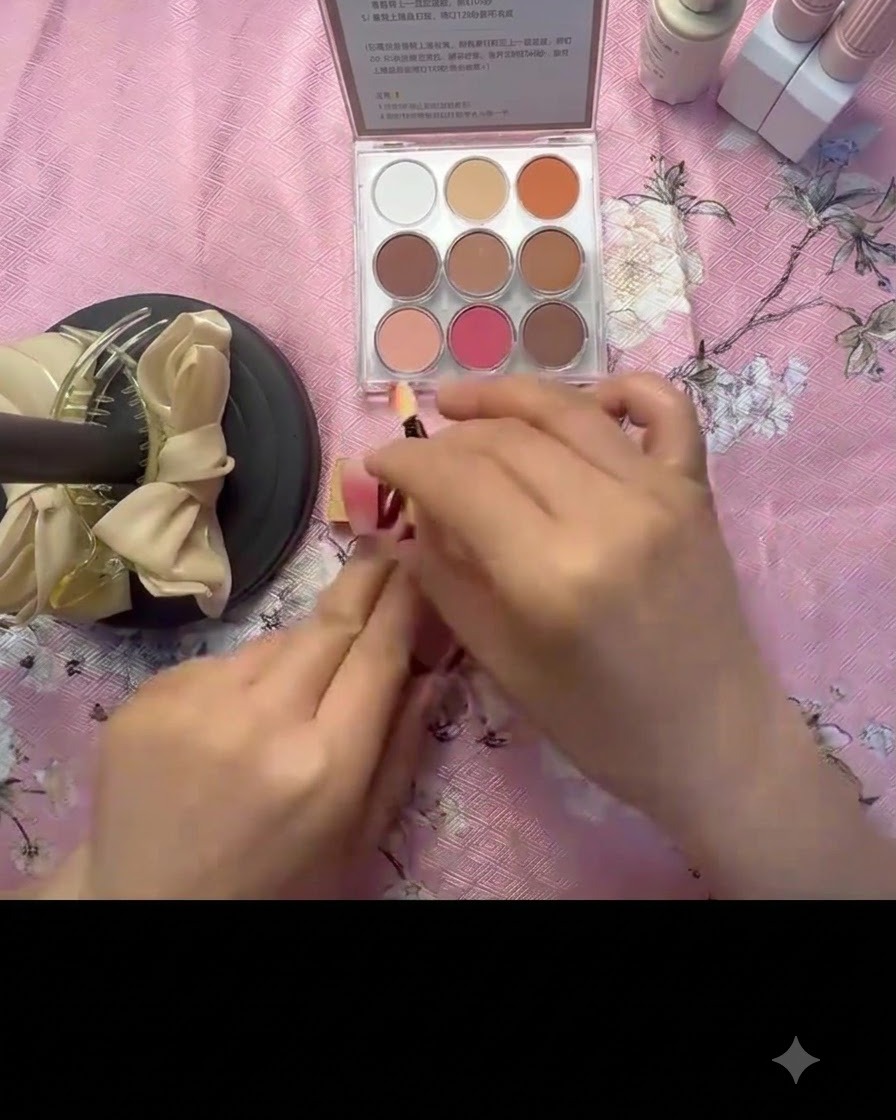 Un petit applicateur en mousse prélevant de la poudre de pigment rose vif dans une palette de maquillage.