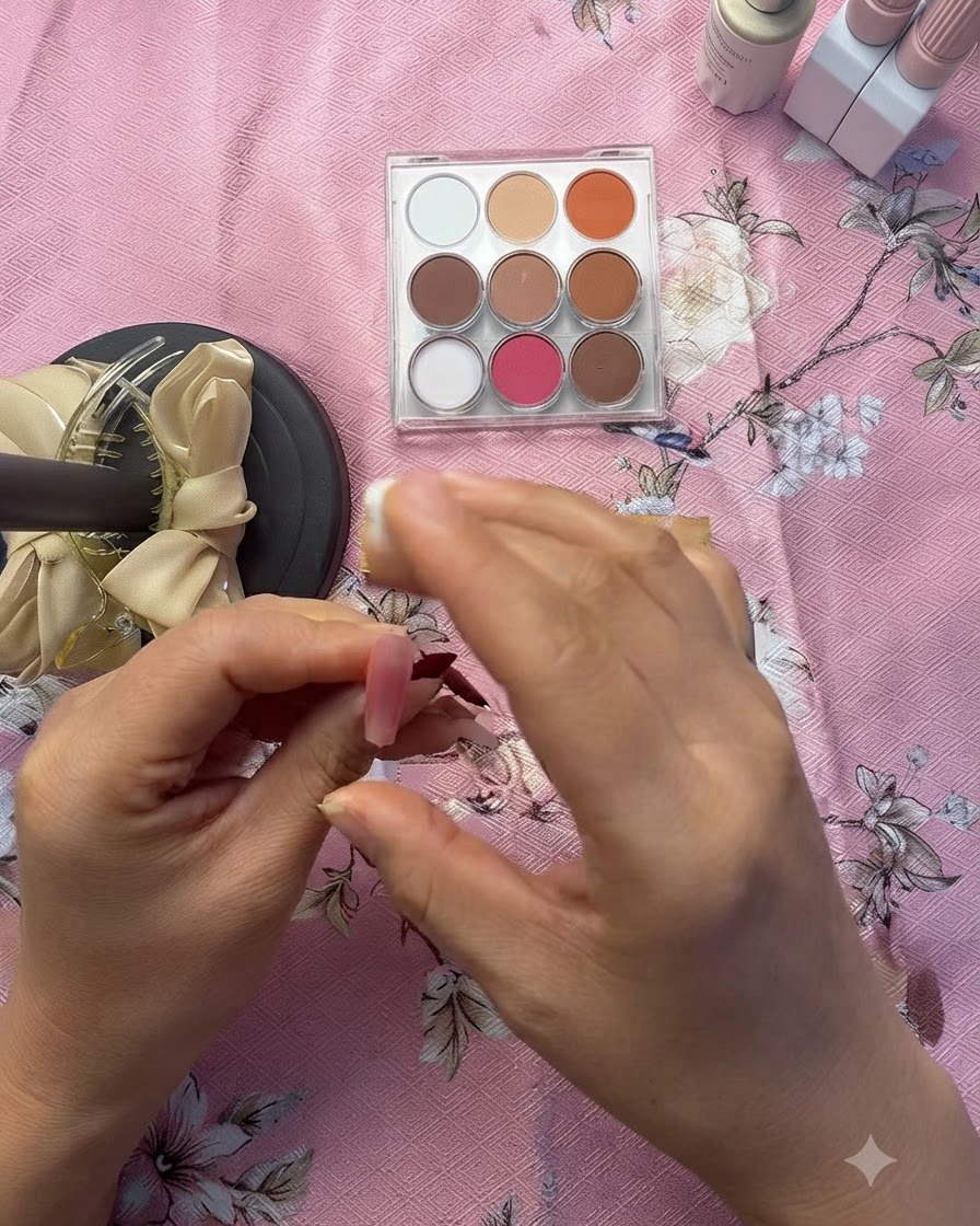 Un applicateur en mousse tamponnant de la poudre de pigment rose sur le centre dun ongle press-on rose.