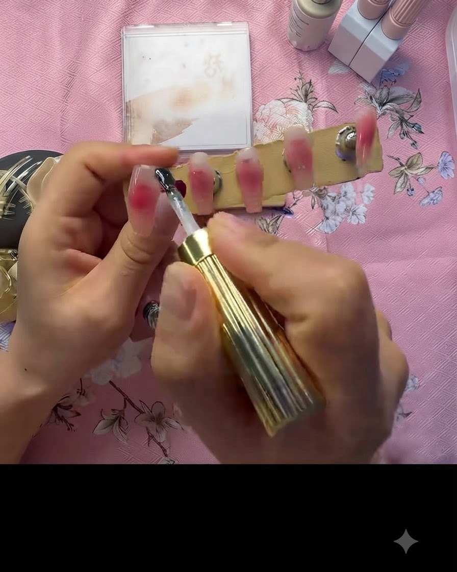 Un pinceau appliquant une couche de gel de scellement transparent sur longle au dégradé rose estompé.